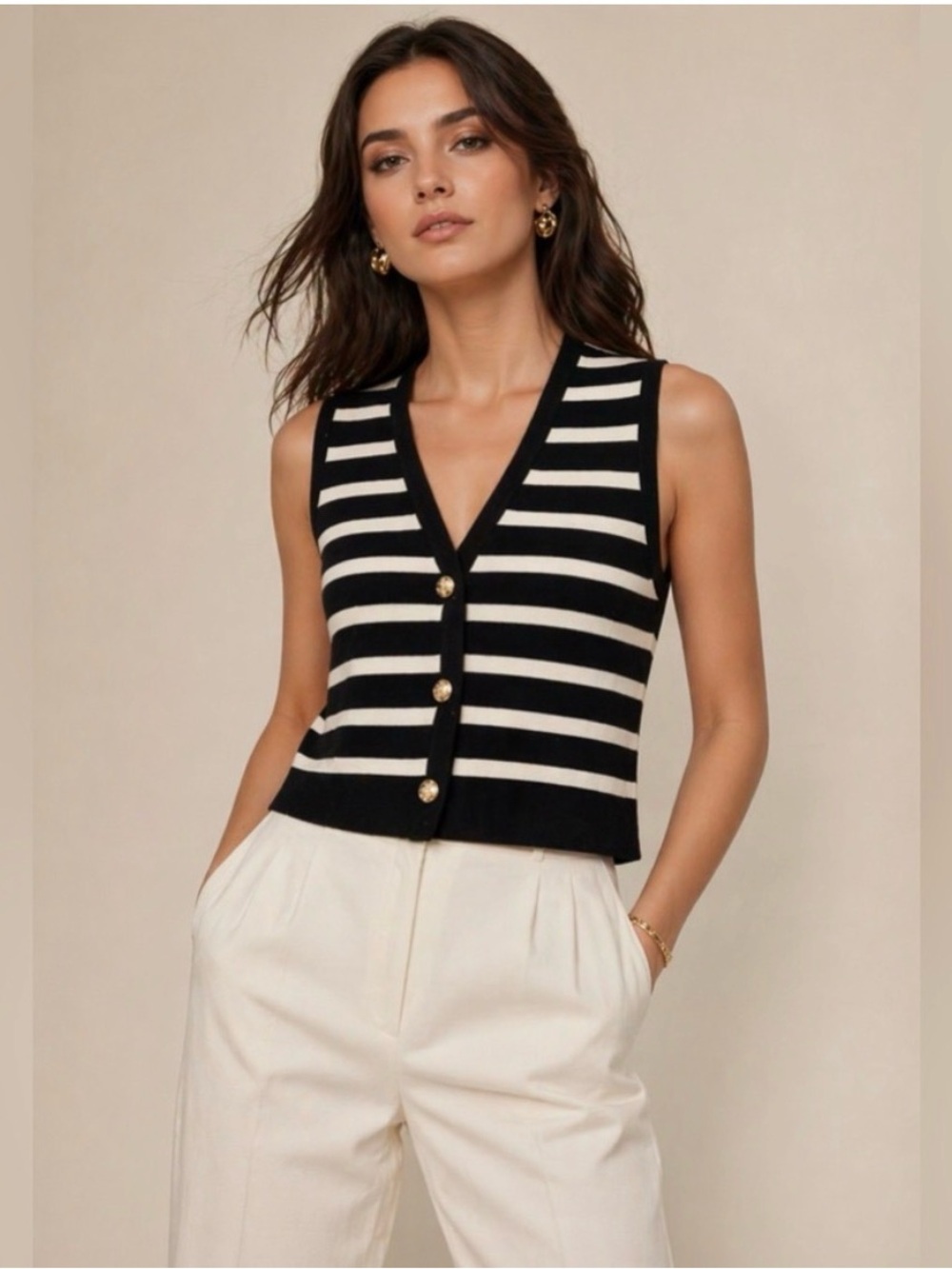 Lillusory - Black & White Striped V-Neck Button Sweater Vest with Gold Buttons